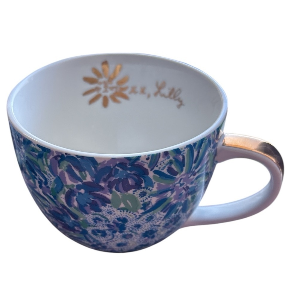 Lilly Pulitzer  Coffee Mug Cup Gold Trim Blue Purple & White Large 12 oz.